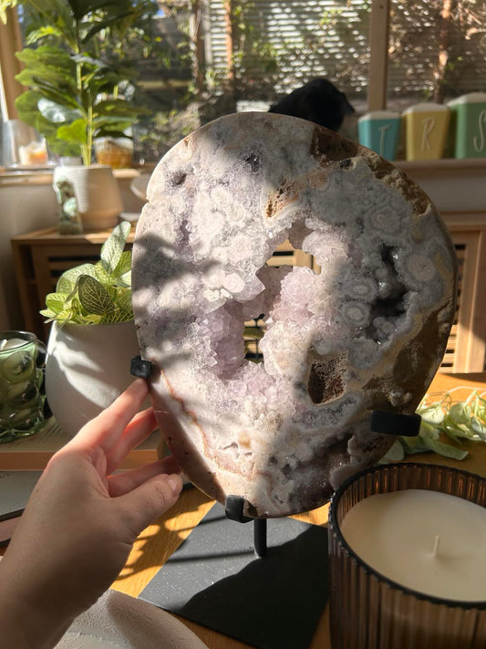 High Grade Druzy Pink Amethyst Slab on Stand