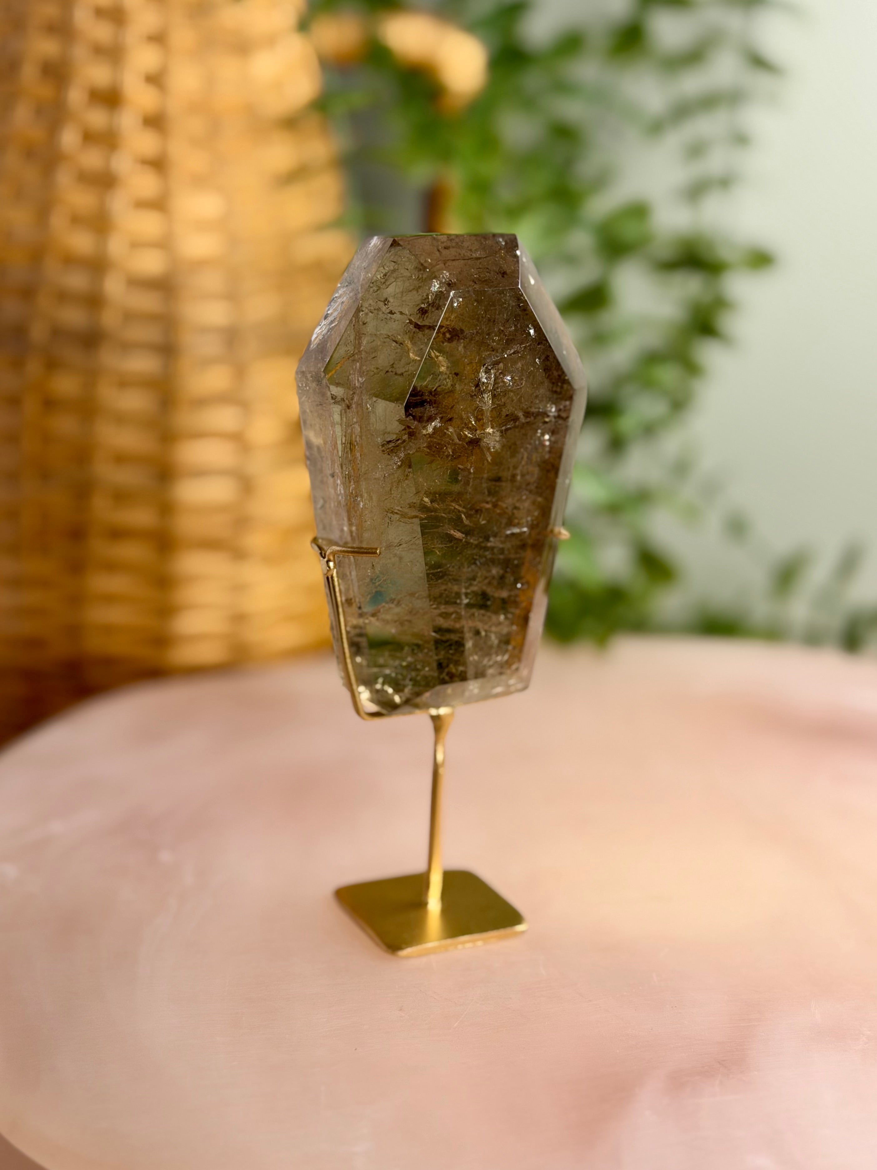 Smokey Quartz Coffin on Stand