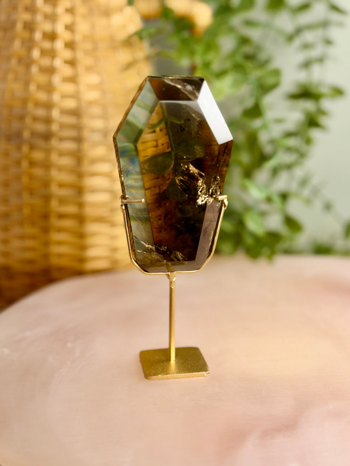 Smokey Quartz Coffin on Stand