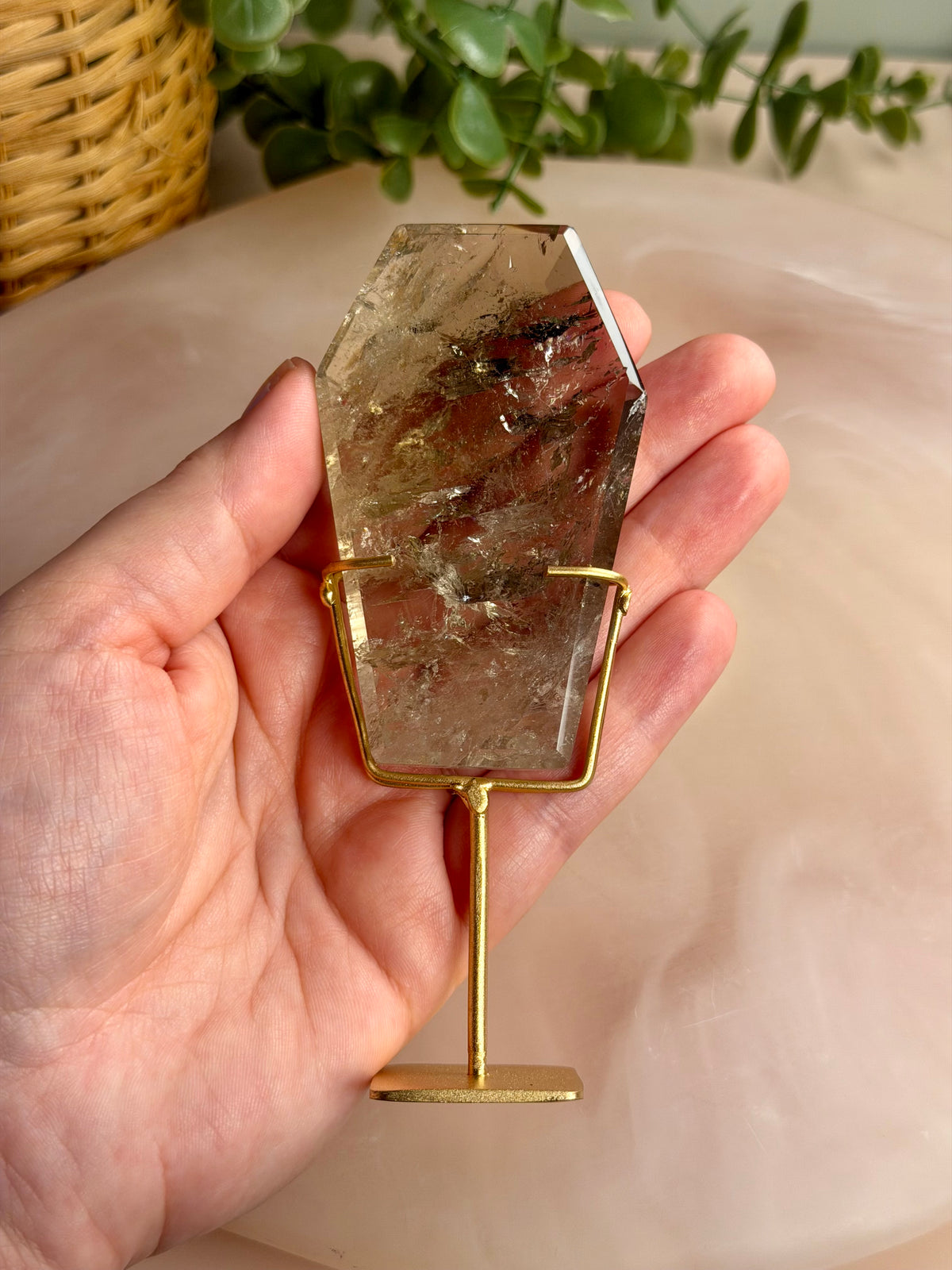 Smokey Quartz Coffin on Stand