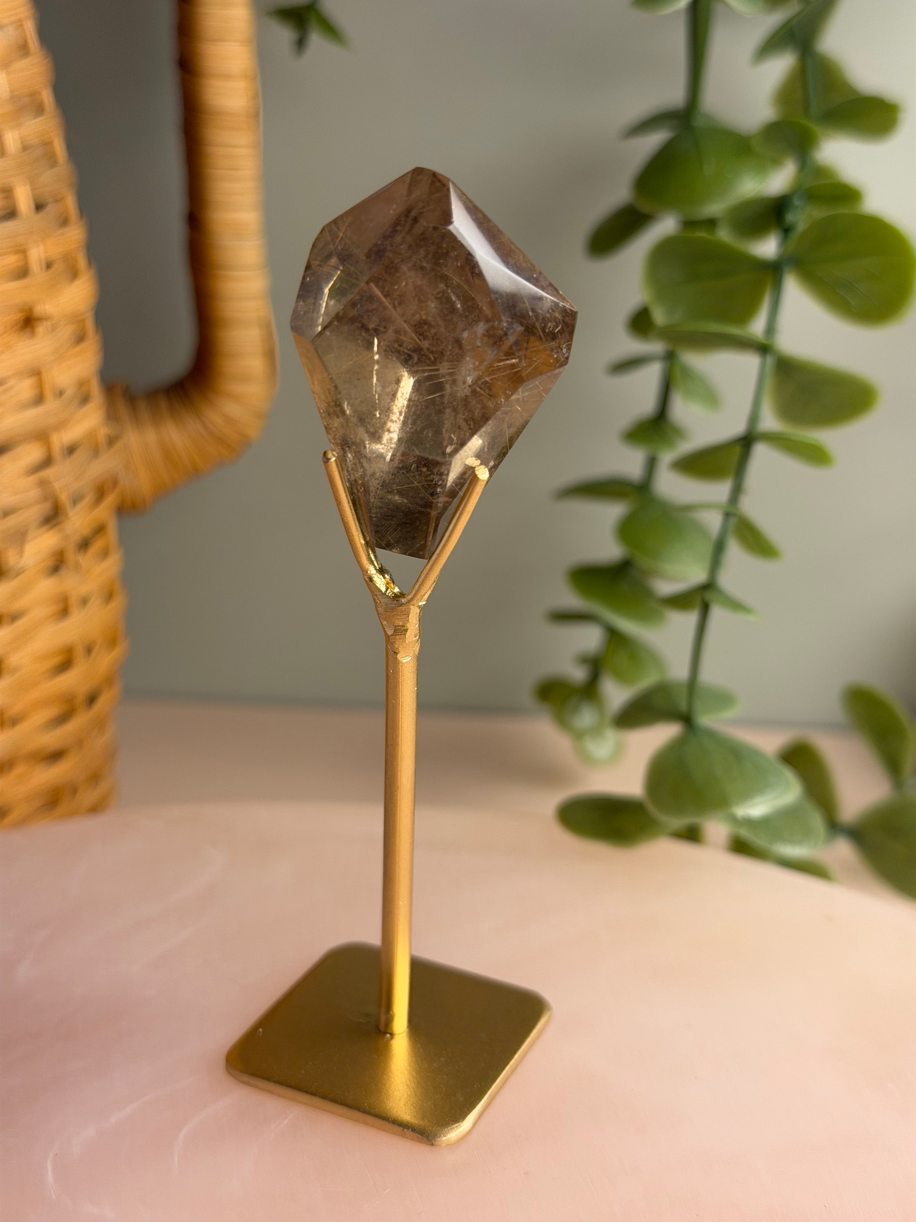 Smokey Quartz Freeform With Rutile on Stand