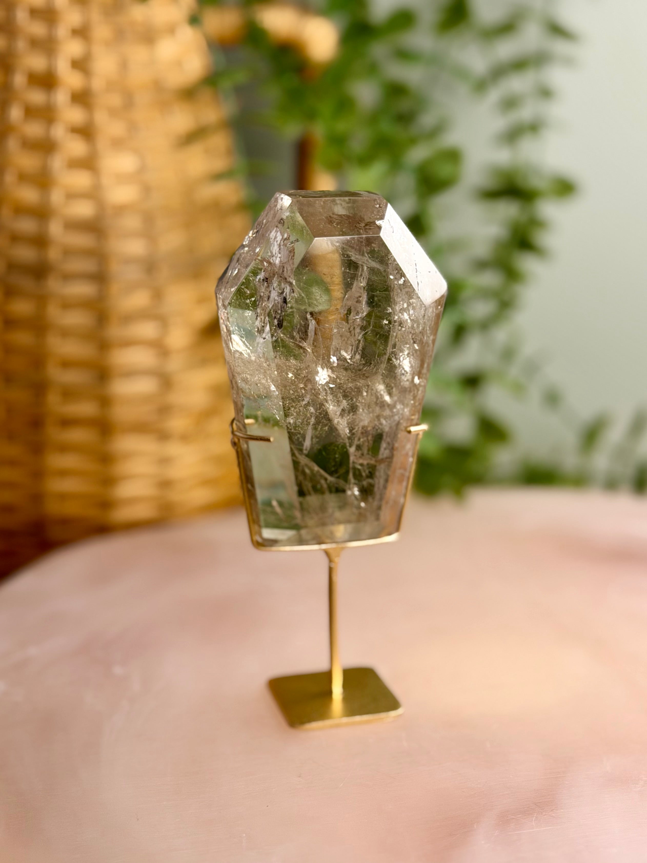 Smokey Quartz Coffin on Stand